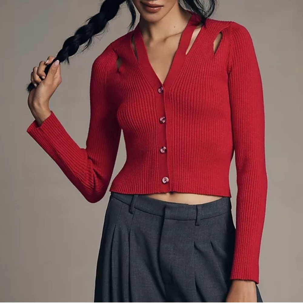 NWOT Anthropologie Red Ribbed Cardigan with cutouts Size Medium